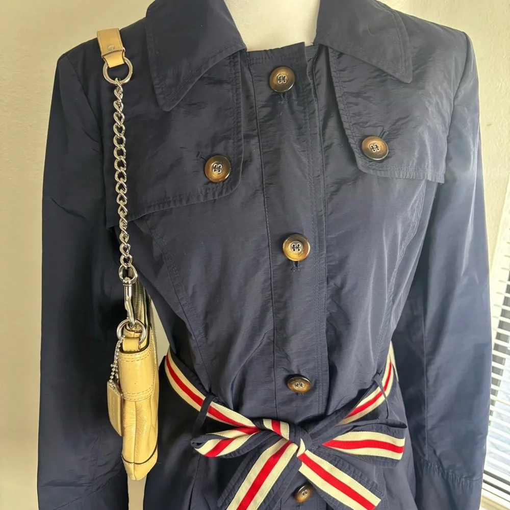 Tommy Hilfiger Navy Belted Trench Coat Size M - Picture 2 of 8